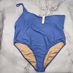 J Crew One Piece One Shoulder Strap Blue Ribbed Bikini Swim Suit High Cut